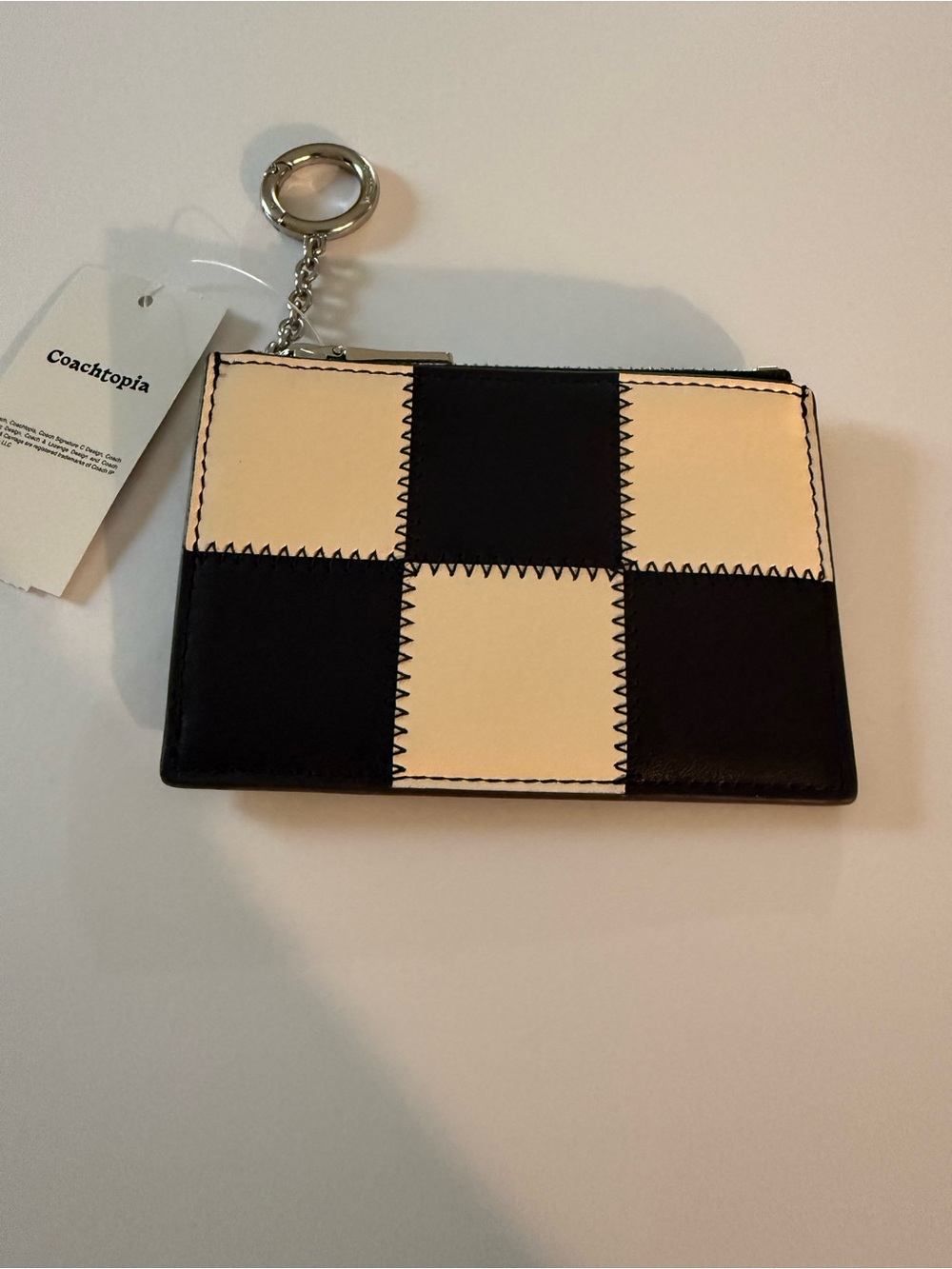 Coach Coachtopia Black and Cream Checkerboard Leather Key Card Case